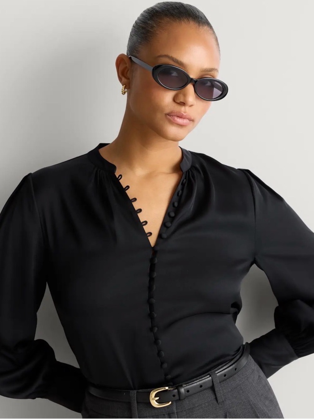 NWT Quince Washable Stretch Silk Peasant Blouse Black Buttons Baloon Sleeve Sz M